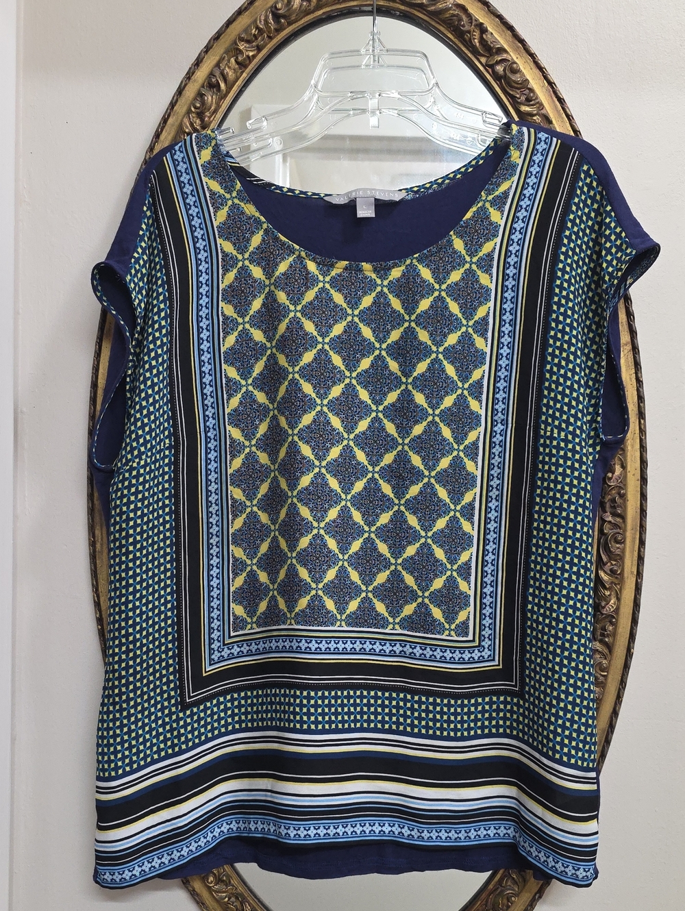 Valerie Stevens Women's Navy Patterned Short Sleeve Top Size L Blue Multicolor